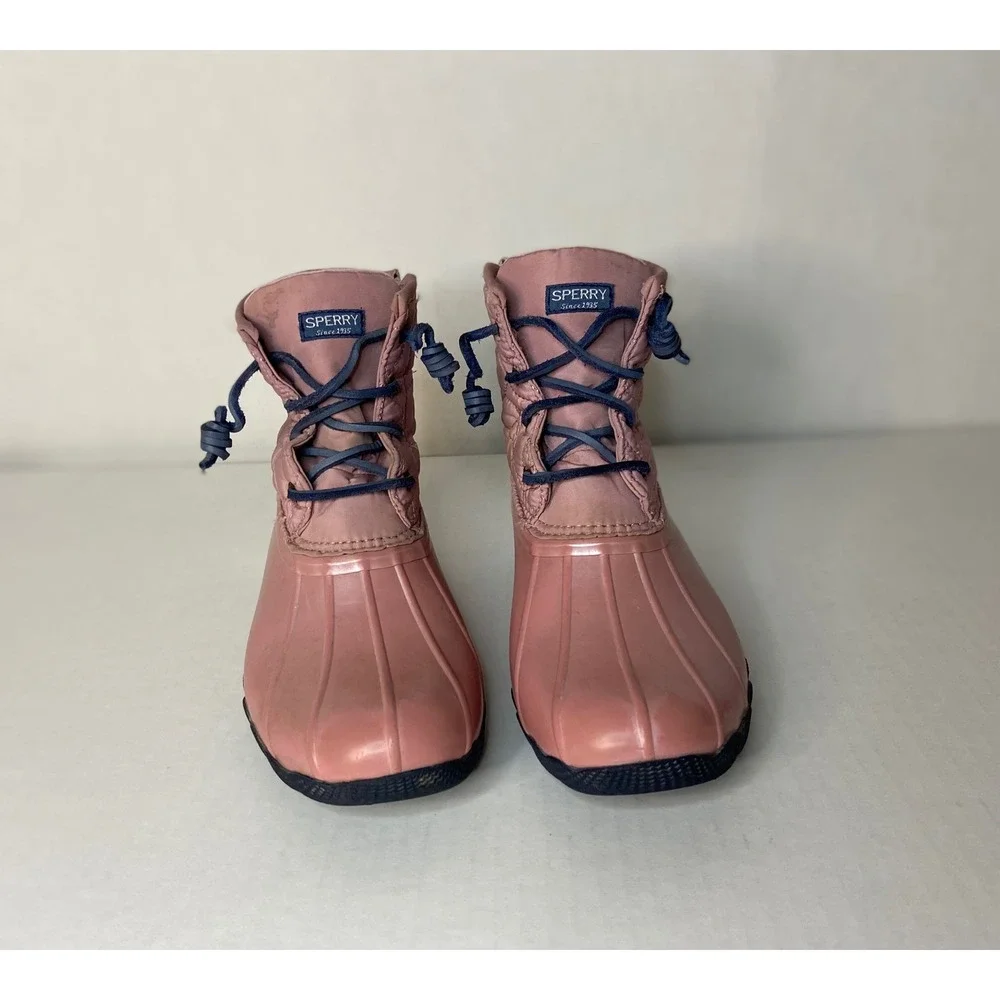 Sperry Saltwater Boots‎ Girls Pink Quilted Waterproof Lace Up Side Zip Size 5M